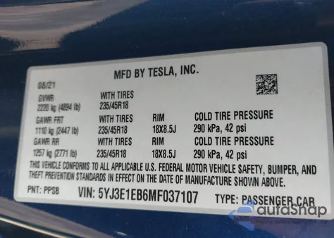 2021 Tesla Model 3 Long Range Dual Motor All-Wheel Drive from USA, damaged, VIN 5YJ3E1EB6MF037107